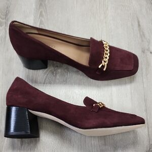 Bernardo Burgundy Suede Block Heel Loafers with Gold Chain Detail
